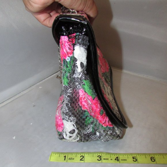 Betsey Johnson Sequin Skull Rose Satchel Shoulder Bag Pre-Owned As Is - Picture 3 of 10